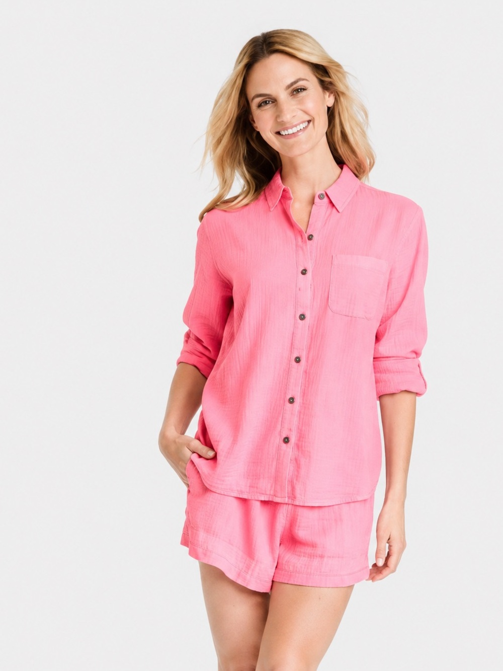 Universal Thread Women's Bubblegum Neon Pink Button-Front Linen Shirt, Small